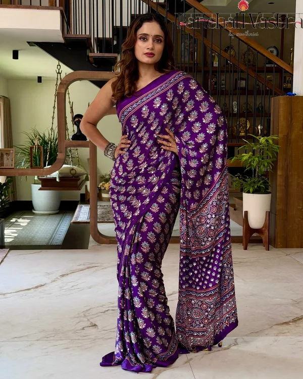 Royal_Purple_Pure_Modal_Silk_Saree_with_Ajrakh_Inspired_Floral_Print_&_Heritage_Designer_Pallu