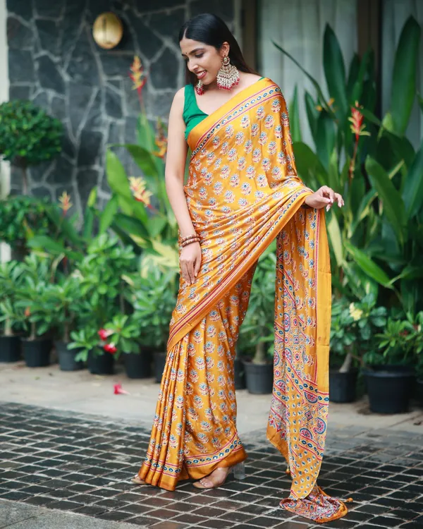 Mustard_Gold_Pure_Modal_Silk_Saree_with_Ajrakh_Inspired_Floral_Print_&_Heritage_Designer_Pallu