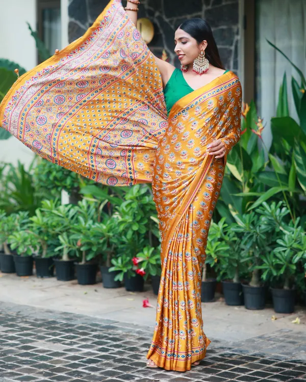 Mustard_Gold_Pure_Modal_Silk_Saree_with_Ajrakh_Inspired_Floral_Print_&_Heritage_Designer_Pallu