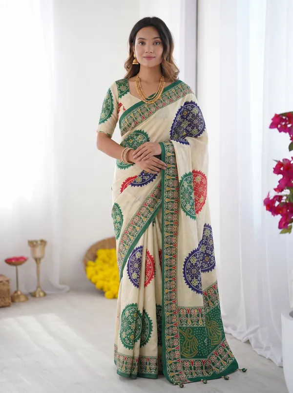Ivory_White_&_Emerald_Green_Pure_Modal_Silk_Saree_with_Multicolor_Mandala_Print_&_Heritage_Designer_Pallu