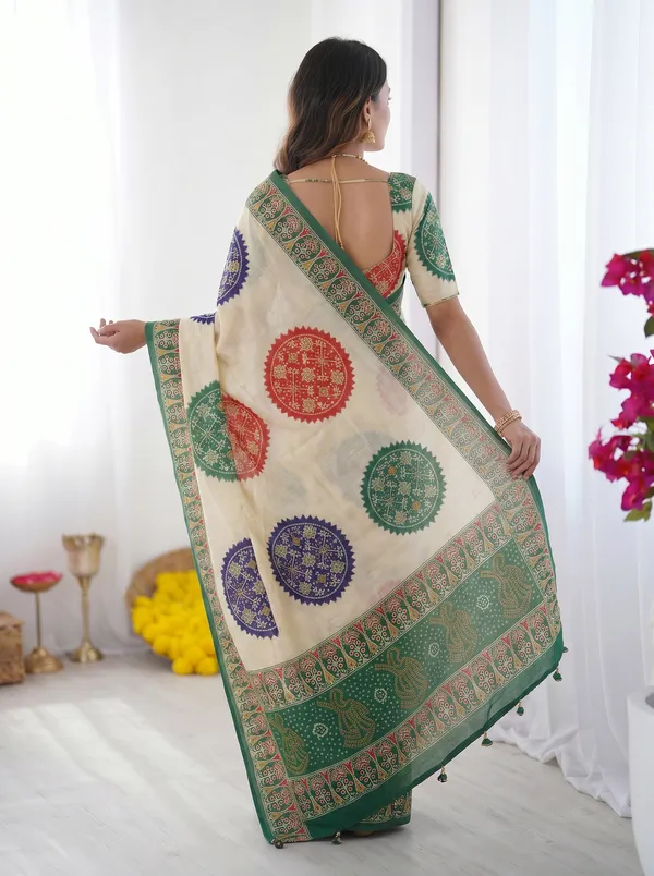 Ivory_White_&_Emerald_Green_Pure_Modal_Silk_Saree_with_Multicolor_Mandala_Print_&_Heritage_Designer_Pallu