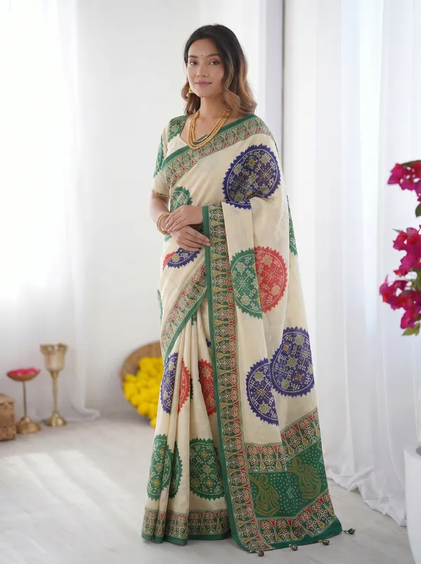 Ivory_White_&_Emerald_Green_Pure_Modal_Silk_Saree_with_Multicolor_Mandala_Print_&_Heritage_Designer_Pallu