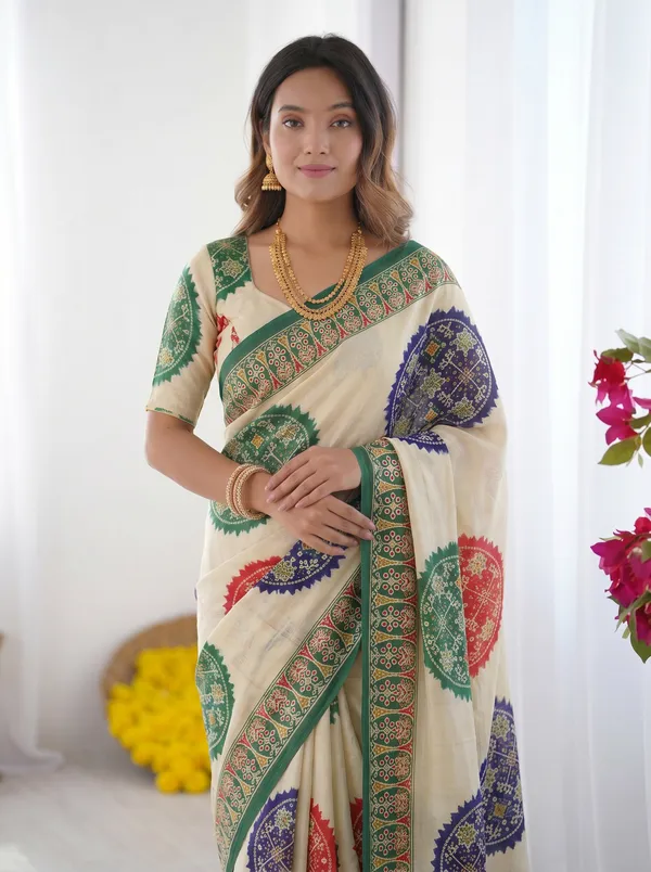Ivory_White_&_Emerald_Green_Pure_Modal_Silk_Saree_with_Multicolor_Mandala_Print_&_Heritage_Designer_Pallu