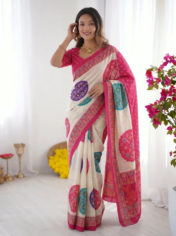 Ivory_White_&_Rani_Pink_Pure_Modal_Silk_Saree_with_Multicolor_Mandala_Print_&_Heritage_Designer_Pallu