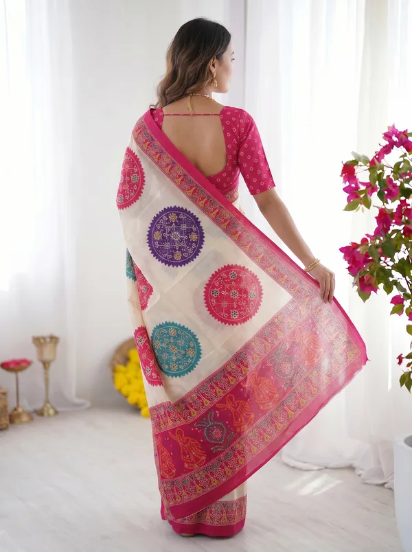 Ivory_White_&_Rani_Pink_Pure_Modal_Silk_Saree_with_Multicolor_Mandala_Print_&_Heritage_Designer_Pallu