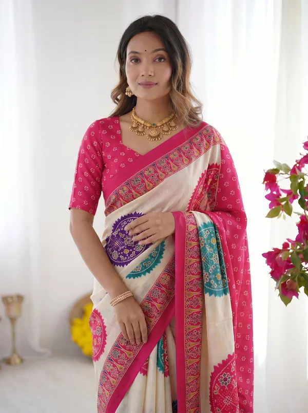 Ivory_White_&_Rani_Pink_Pure_Modal_Silk_Saree_with_Multicolor_Mandala_Print_&_Heritage_Designer_Pallu