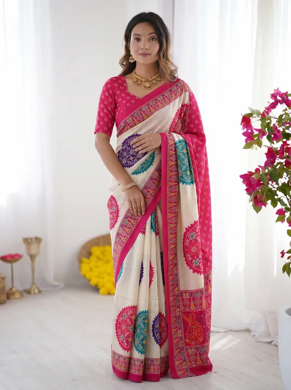 Ivory_White_&_Rani_Pink_Pure_Modal_Silk_Saree_with_Multicolor_Mandala_Print_&_Heritage_Designer_Pallu