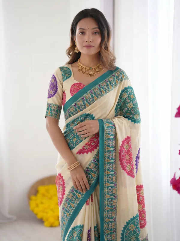 Ivory_White_&_Turquoise_Blue_Pure_Modal_Silk_Saree_with_Multicolor_Mandala_Print_&_Heritage_Designer_Pallu