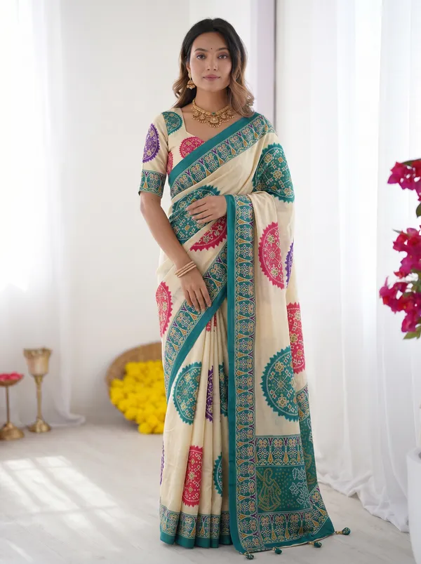 Ivory_White_&_Turquoise_Blue_Pure_Modal_Silk_Saree_with_Multicolor_Mandala_Print_&_Heritage_Designer_Pallu