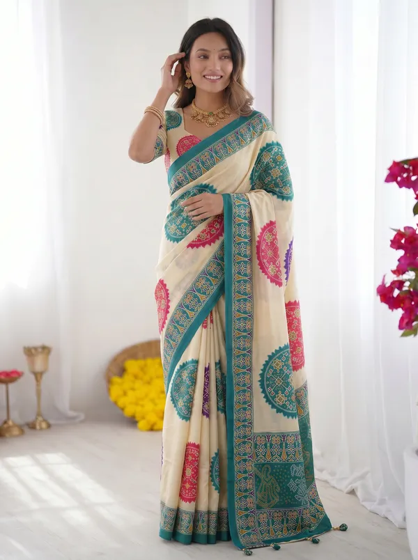 Ivory_White_&_Turquoise_Blue_Pure_Modal_Silk_Saree_with_Multicolor_Mandala_Print_&_Heritage_Designer_Pallu