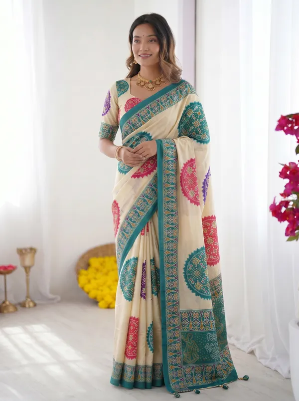 Ivory_White_&_Turquoise_Blue_Pure_Modal_Silk_Saree_with_Multicolor_Mandala_Print_&_Heritage_Designer_Pallu