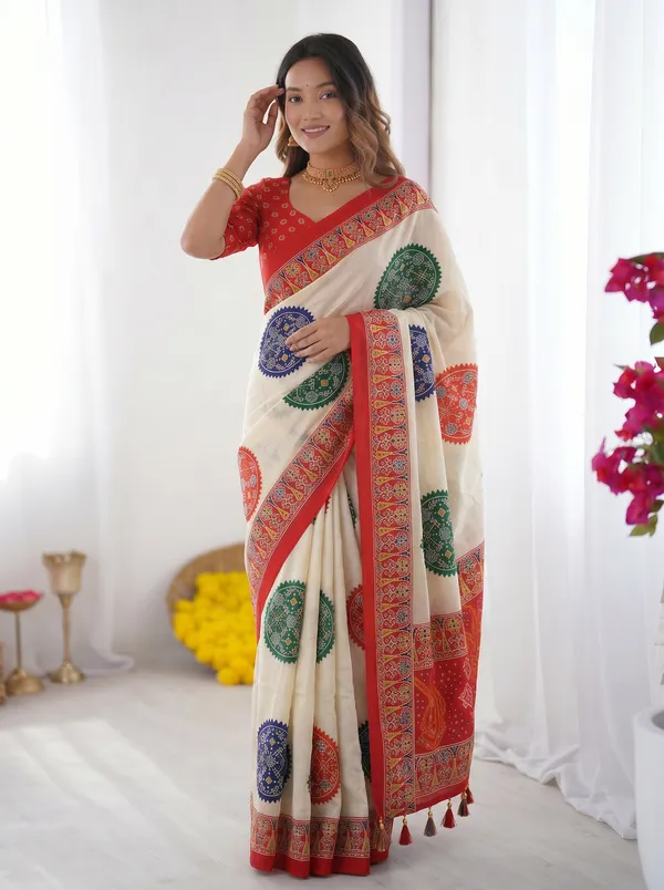 Ivory_White_&_Vermilion_Red_Pure_Modal_Silk_Saree_with_Multicolor_Mandala_Print_&_Traditional_Designer_Pallu
