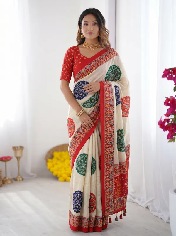 Ivory_White_&_Vermilion_Red_Pure_Modal_Silk_Saree_with_Multicolor_Mandala_Print_&_Traditional_Designer_Pallu