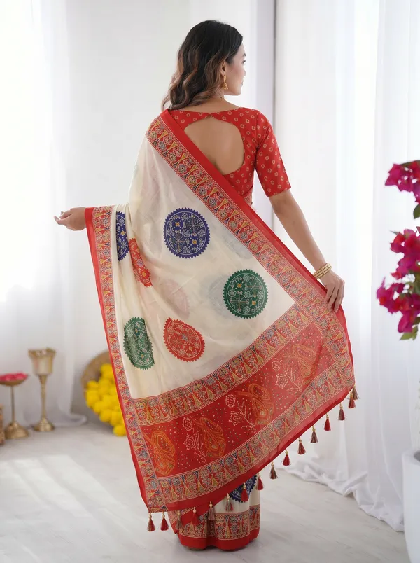 Ivory_White_&_Vermilion_Red_Pure_Modal_Silk_Saree_with_Multicolor_Mandala_Print_&_Traditional_Designer_Pallu