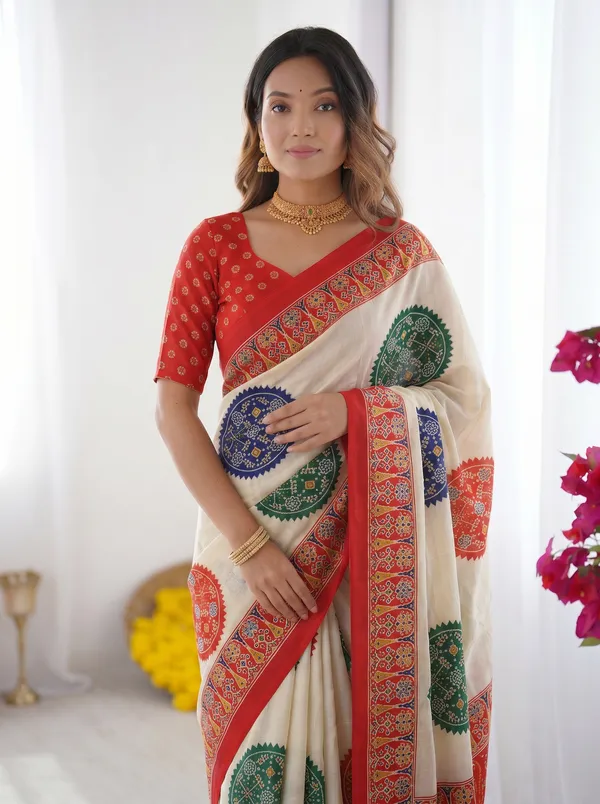 Ivory_White_&_Vermilion_Red_Pure_Modal_Silk_Saree_with_Multicolor_Mandala_Print_&_Traditional_Designer_Pallu