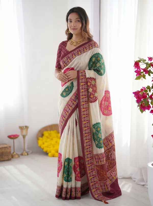Ivory_Cream_&_Wine_Purple_Pure_Modal_Silk_Saree_with_Multicolor_Mandala_Print_and_Heritage_Border