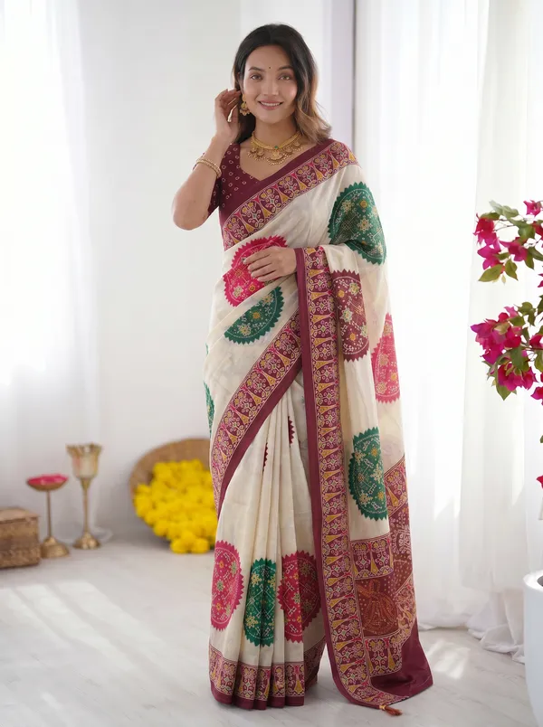Ivory_Cream_&_Wine_Purple_Pure_Modal_Silk_Saree_with_Multicolor_Mandala_Print_and_Heritage_Border