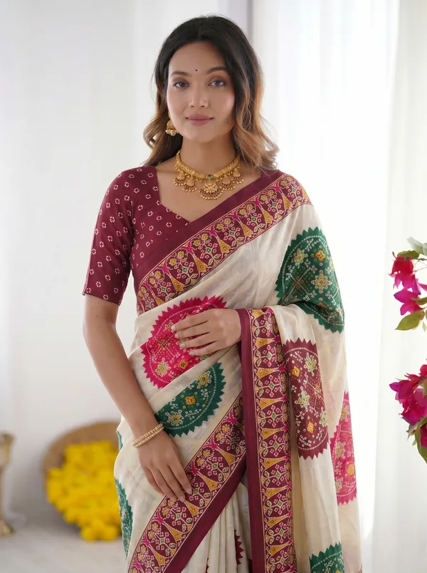 Ivory_Cream_&_Wine_Purple_Pure_Modal_Silk_Saree_with_Multicolor_Mandala_Print_and_Heritage_Border
