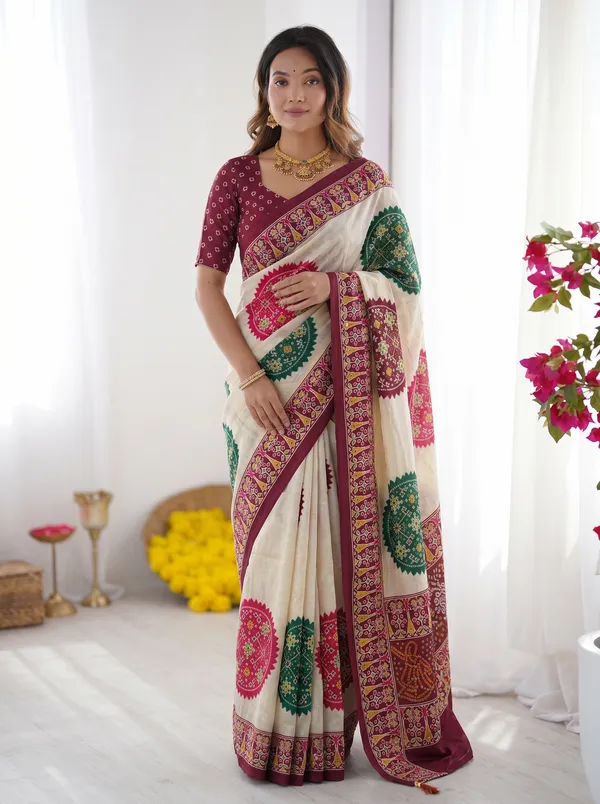 Ivory_Cream_&_Wine_Purple_Pure_Modal_Silk_Saree_with_Multicolor_Mandala_Print_and_Heritage_Border