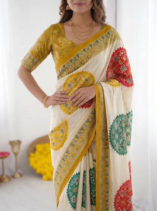 Ivory_White_&_Mustard_Yellow_Pure_Modal_Silk_Saree_with_Multicolor_Mandala_Print_&_Heritage_Designer_Pallu