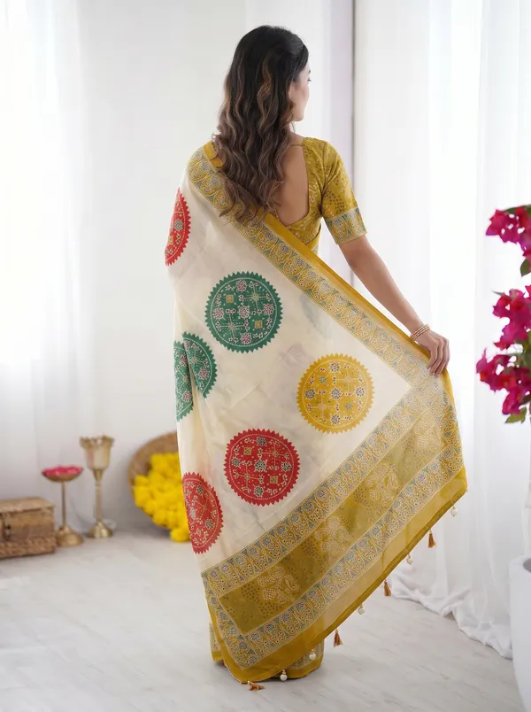 Ivory_White_&_Mustard_Yellow_Pure_Modal_Silk_Saree_with_Multicolor_Mandala_Print_&_Heritage_Designer_Pallu
