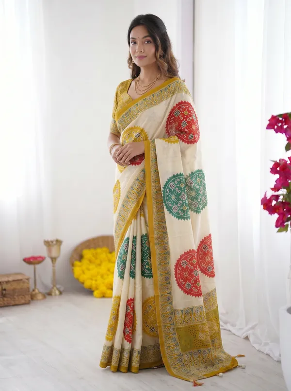 Ivory_White_&_Mustard_Yellow_Pure_Modal_Silk_Saree_with_Multicolor_Mandala_Print_&_Heritage_Designer_Pallu