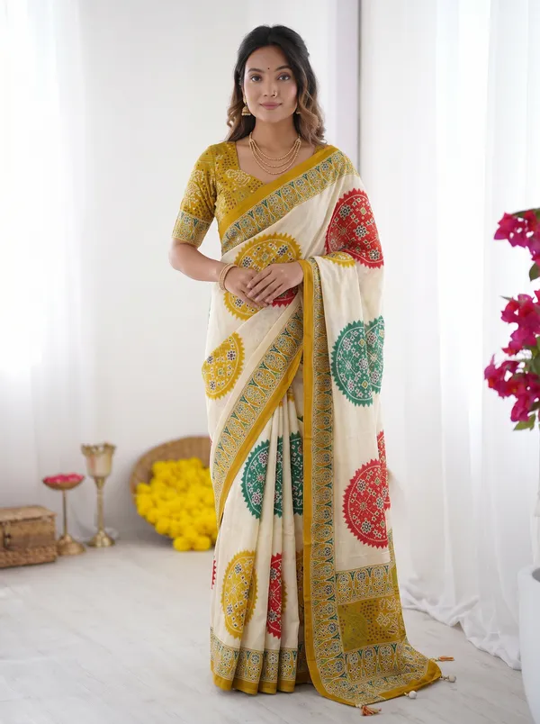 Ivory_White_&_Mustard_Yellow_Pure_Modal_Silk_Saree_with_Multicolor_Mandala_Print_&_Heritage_Designer_Pallu
