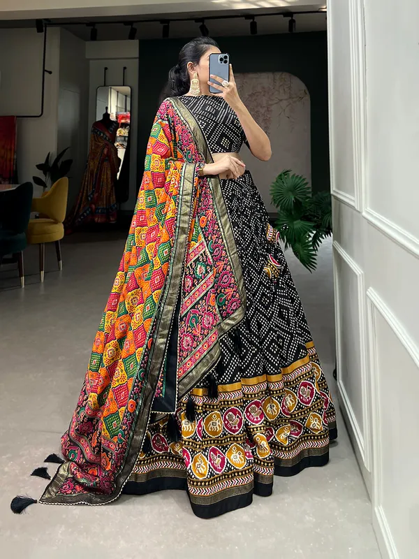 Black_Tasar_Silk_Printed_Flared_Lehenga_Choli_For_Women