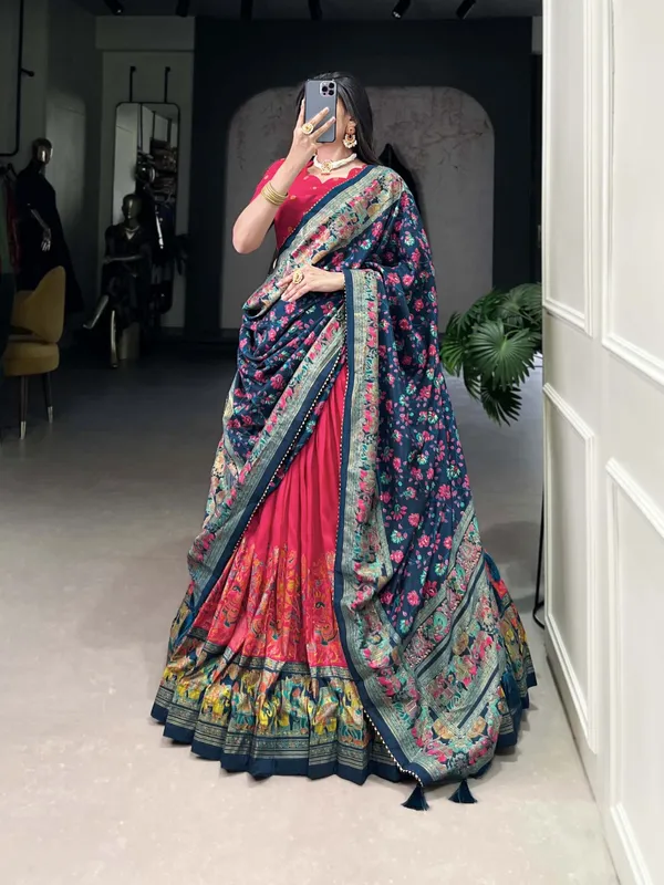 Red_Tasar_Silk_Floral_Printed_Flared_Lehenga_Choli_For_Women