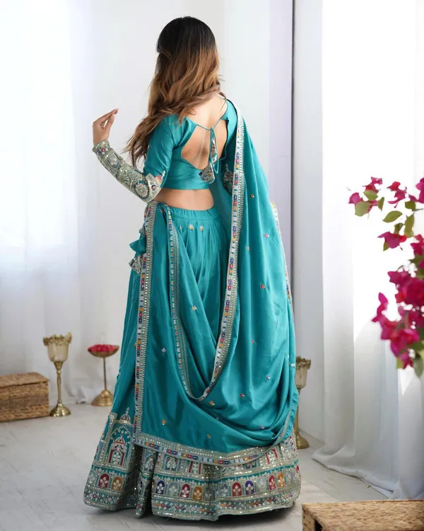 Teal_Tasar_Silk_Embroidered_Flared_Lehenga_Choli_For_Women