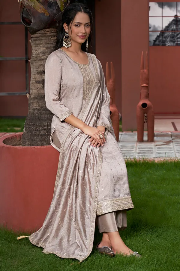 Taupe_Silk_Blend_Embroidered_Suit_Set_for_Women
