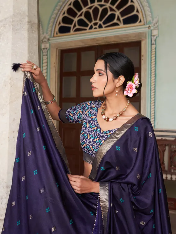 Navy_Blue_Tasar_Silk_Printed_Lehenga_Choli_For_Women
