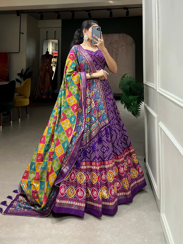 Purple_Tasar_Silk_Geometric_Printed_Flared_Lehenga_Choli_For_Women