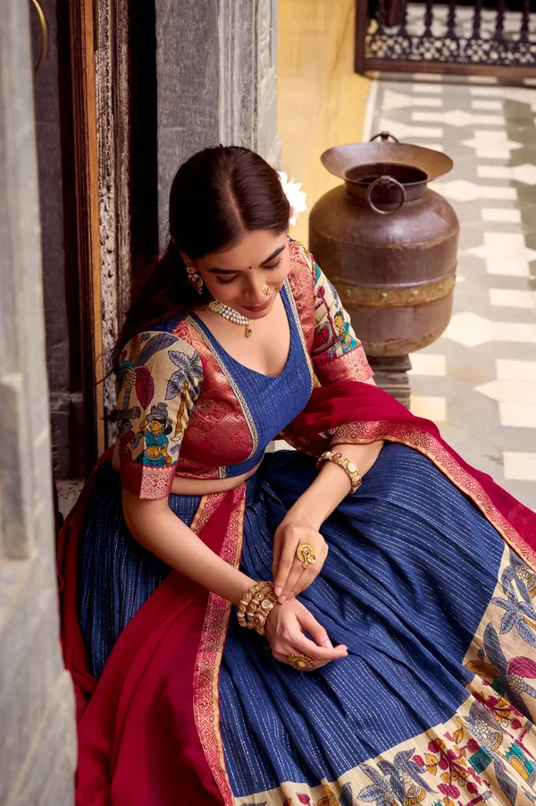 Blue_Tasar_Silk_Printed_Flared_Lehenga_Choli_For_Women