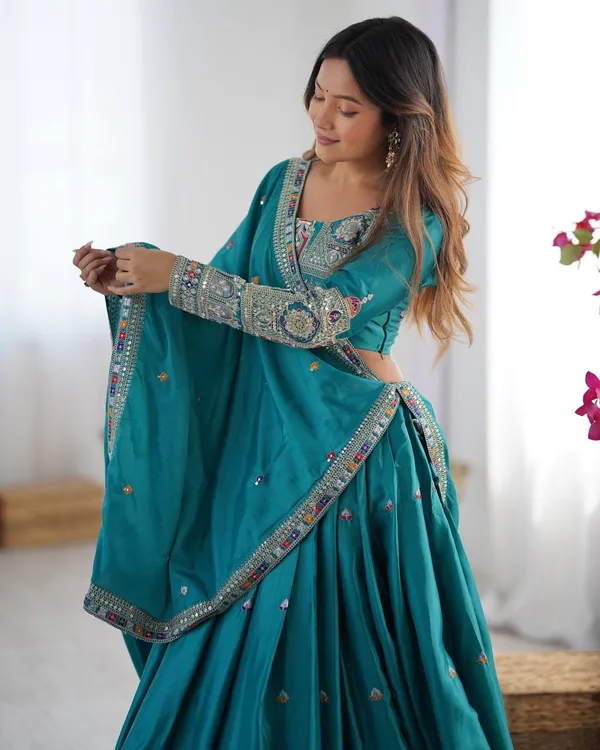 Teal_Tasar_Silk_Embroidered_Flared_Lehenga_Choli_For_Women