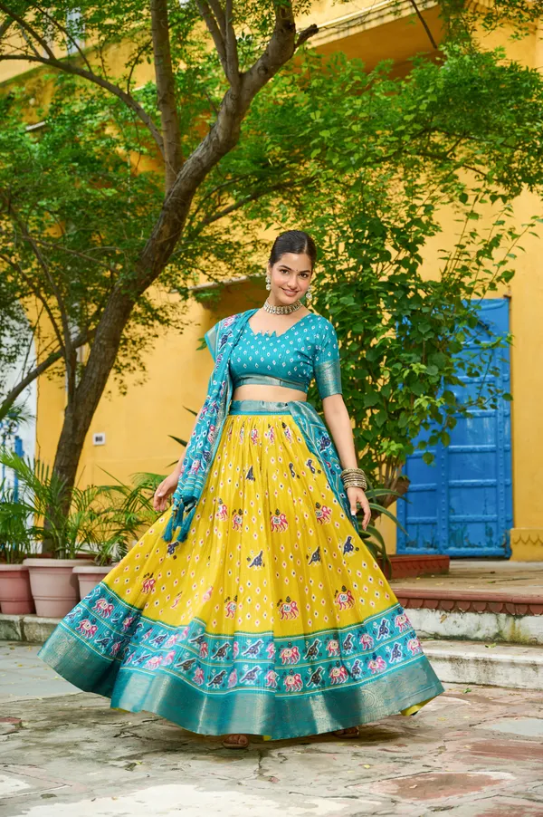 Blue_Tasar_Silk_Printed_Flared_Lehenga_Choli_For_Women