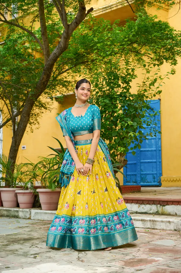 Blue_Tasar_Silk_Printed_Flared_Lehenga_Choli_For_Women
