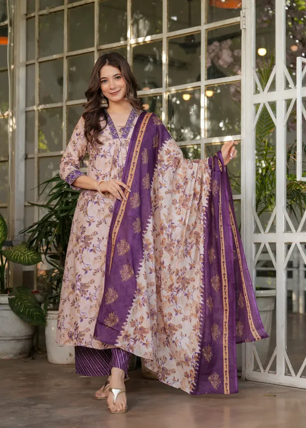 Beige_Floral_Print_Straight_Kurta_Set_For_Women