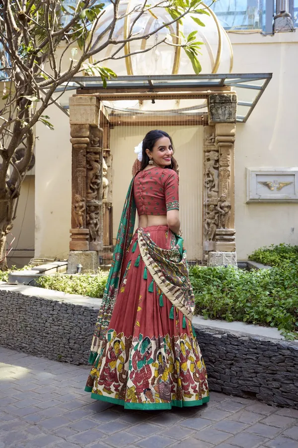 Red_Tasar_Silk_Printed_Flared_Lehenga_Choli_For_Women