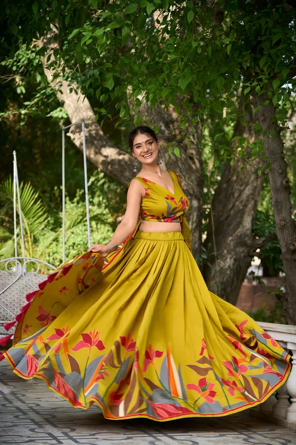 Yellow_Tasar_Silk_Flared_Printed_Lehenga_Choli_For_Women