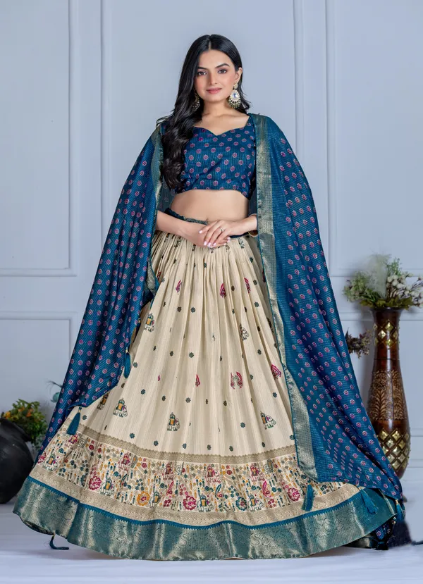 Blue_Tasar_Silk_Flared_Lehenga_Choli_For_Women