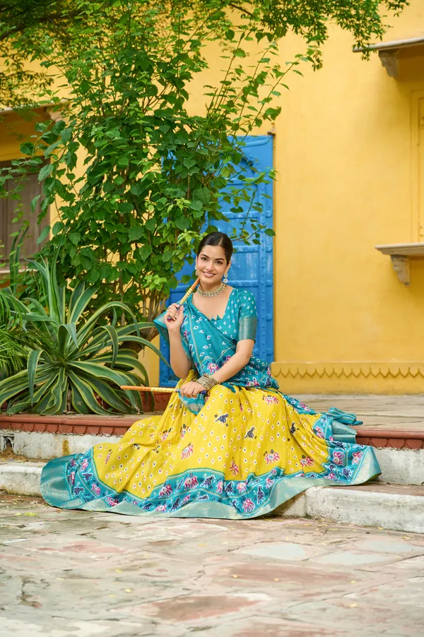 Blue_Tasar_Silk_Printed_Flared_Lehenga_Choli_For_Women