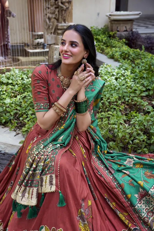 Red_Tasar_Silk_Printed_Flared_Lehenga_Choli_For_Women