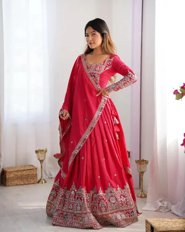 Red_Tasar_Silk_Embroidered_Flared_Lehenga_Choli_For_Women