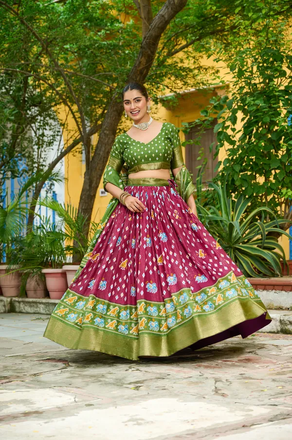 Green_Tasar_Silk_Printed_Flared_Lehenga_Choli_For_Women