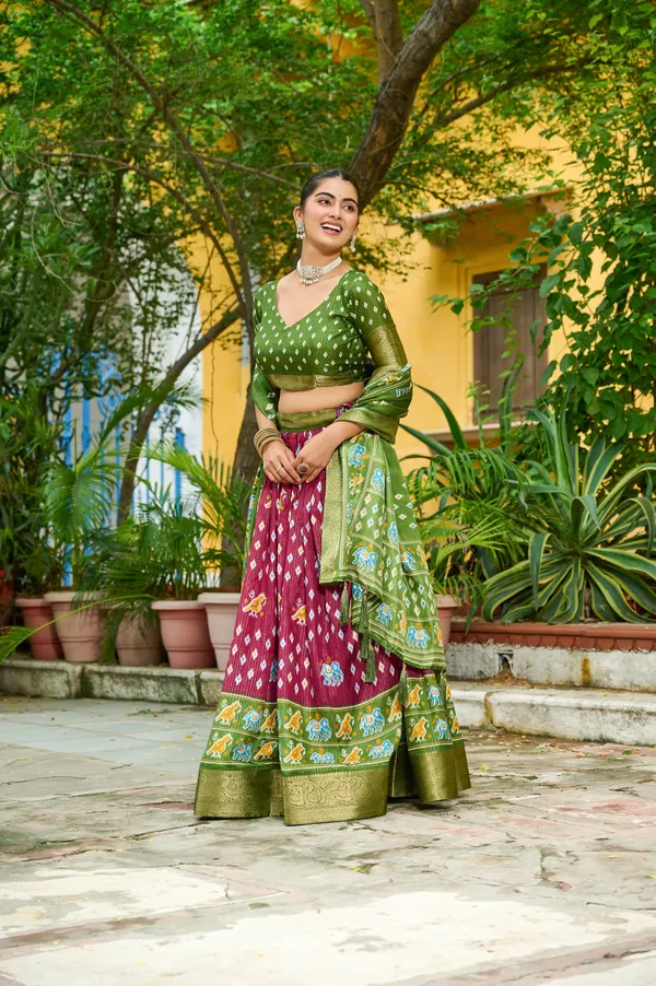 Green_Tasar_Silk_Printed_Flared_Lehenga_Choli_For_Women