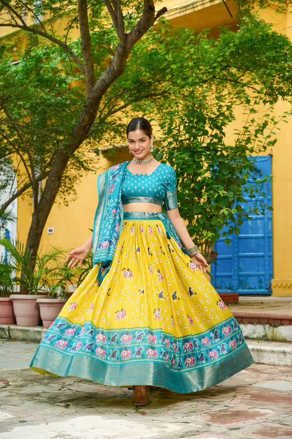 Blue_Tasar_Silk_Printed_Flared_Lehenga_Choli_For_Women
