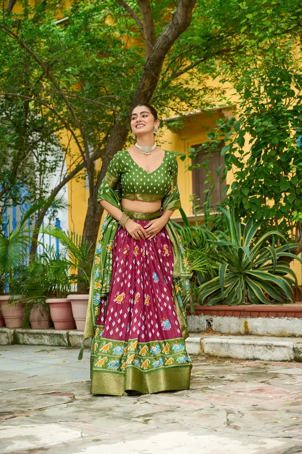 Green_Tasar_Silk_Printed_Flared_Lehenga_Choli_For_Women