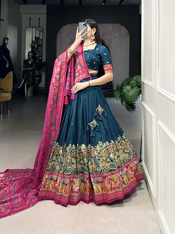 Navy_Tasar_Silk_Printed_Flared_Lehenga_Choli_For_Women