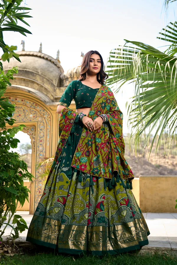 Green_Tasar_Silk_Flared_Printed_Lehenga_Choli_For_Women
